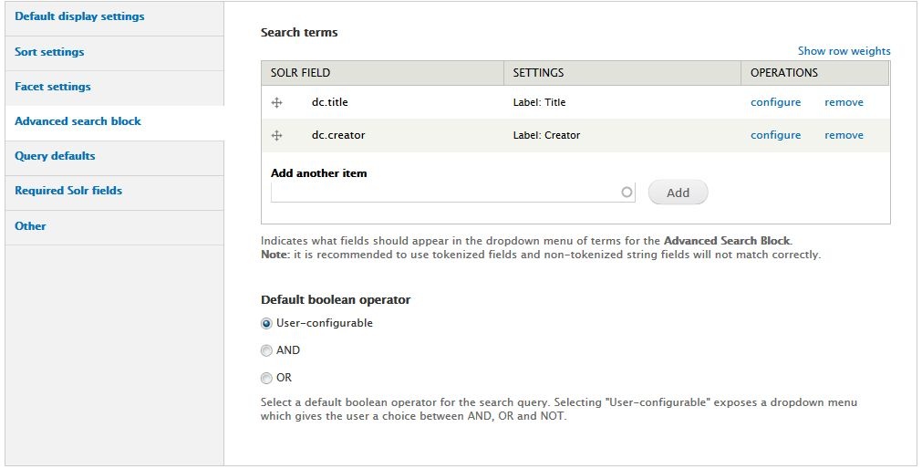 Screenshot of Solr advanced search configuration